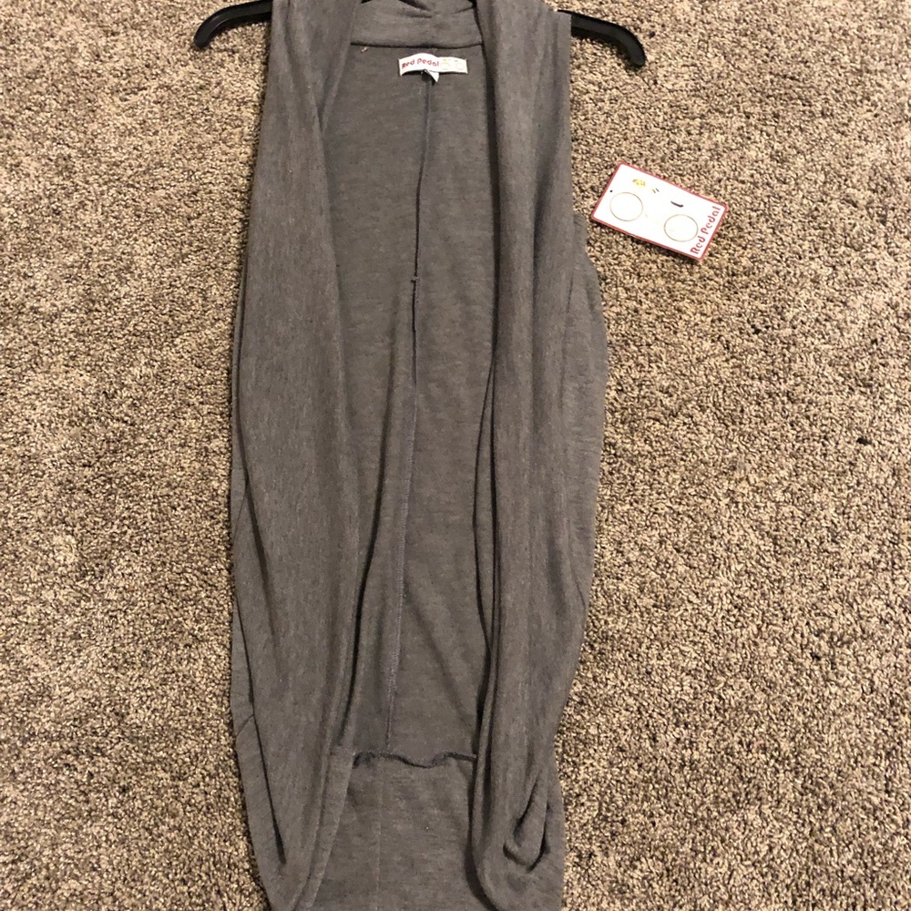 dark grey cardigan w no sleeves